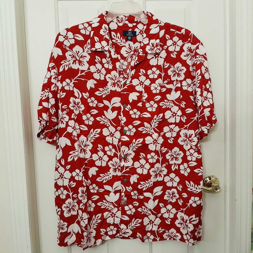 Mens Button Down Camp Shirt Red Floral Hawaiian Colorful Rayon Size XL 46-48 NWT